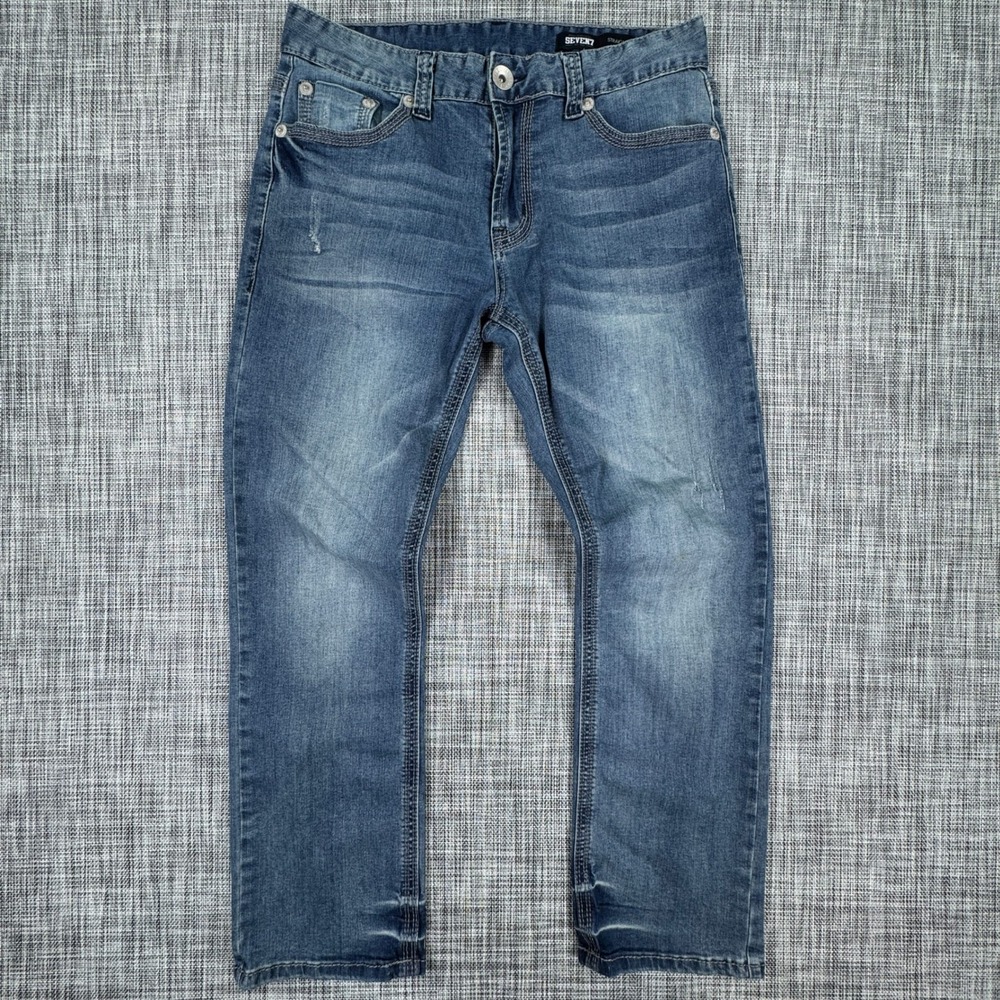 Seven7 Men's Straight Leg Jeans 32x30 Medium Wash Blue Denim Embroidered Pocket
